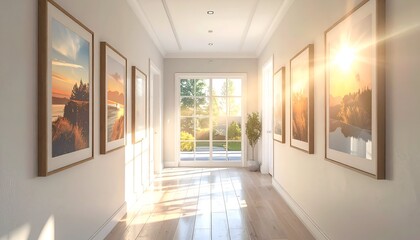 A sunlit corridor adorned with framed artworks, leading to an outdoor view of nature