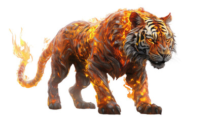 Un tigre compos&eacute; de flammes sur un fond transparent.