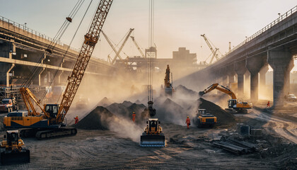 A dynamic illustrated construction site depicting powerful heavy machinery in action.
