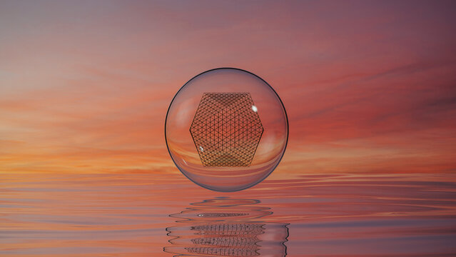 Surreal landscape with geometric shapes on water at sunset