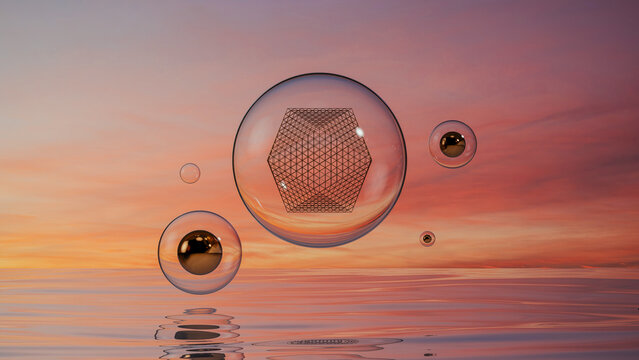 Surreal landscape with geometric shapes on water at sunset