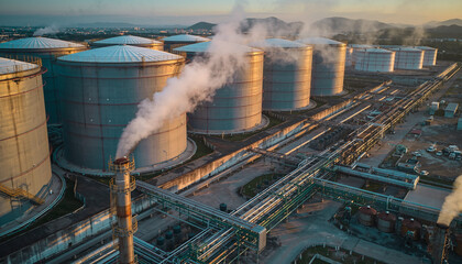 A stylized environmental illustration of a large industrial chemical processing plant.