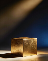 Golden Cubic Product Stand with Soft Spotlight on Dark Gradient Background, Cinematic Luxury Advertising Style for Premium Mockups, High-End Branding, and Minimal Product Presentation