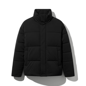 Modern black quilted puffer jacket with high collar and horizontal baffles on white background, minimalist winter outerwear fashion product photography