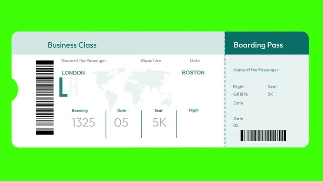 4k animation of business class boarding pass from london lhr to boston bos