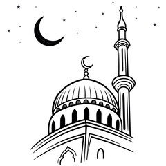 Minimalist Islamic mosque silhouette vector with crescent and stars on white background