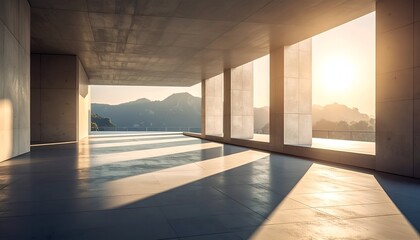 A spacious interior featuring expansive windows, showcasing a serene landscape at sunset