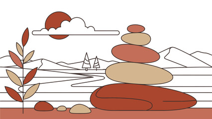 A serene landscape with stacked stones and a peaceful mountain view at sunset