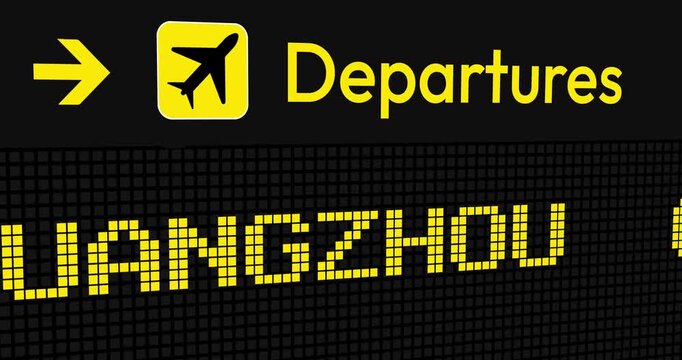 4k animation of airport departures board showing flight to guangzhou with airplane icon and yellow directional arrow
