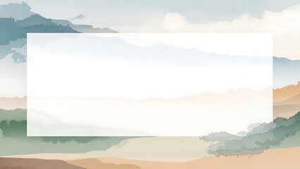 A serene landscape illustration of mountains and clouds with a white rectangular frame