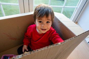 Toddler boy playing in cardboard box smiling