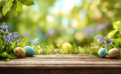 Easter Eggs on Wooden Table in Garden Setting.
