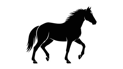 Obraz premium Elegant black horse silhouette walking with a flowing mane and tail on a clean white background.