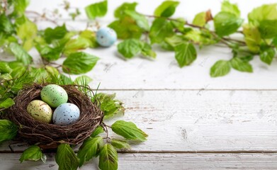 Easter Eggs in Nest on White Wooden Background