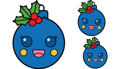 A set of cute cartoon Christmas ornaments with smiling faces and holly on a white background