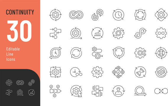 Continuity Line Editable Icons set. Vector illustration in modern thin style of process related icons: automation, workflow, progress, and more. Isolated on transparent background.