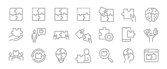 Set of Vector Icons Representing Puzzle and Problem Solving Concepts with Different Shapes and Arrangements Isolated on White Background Exactly Two Hundred Characters