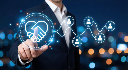 Businessman touching glowing digital handshake icon connected to social network user profiles