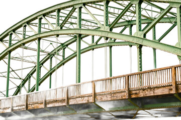 Fototapeta premium Green Steel Arch Bridge with Wooden Deck