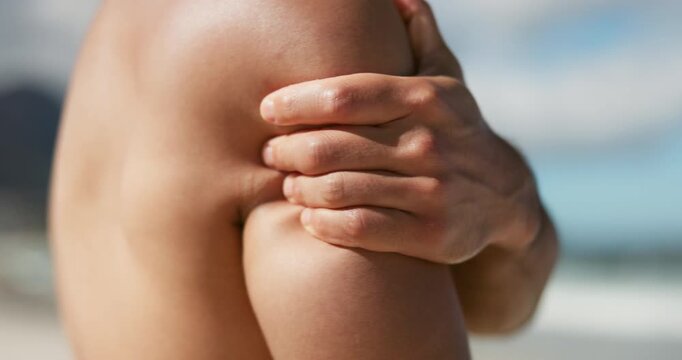 Fitness, massage or hands outdoor with shoulder pain, cardio injury or physical risk in exercise. Sports, tension or athlete outside with joint inflammation, tendinitis or muscle strain in workout.