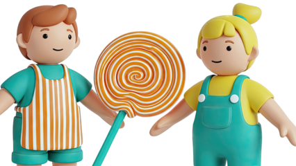 Two cartoon children sharing a large lollipop