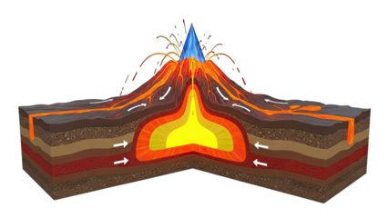 Volcano Cross-Section: Magma Chamber, Eruption, and Layered Earth