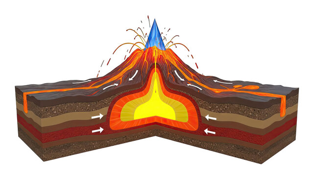 Volcano Cross-Section: Magma Chamber, Eruption, and Layered Earth