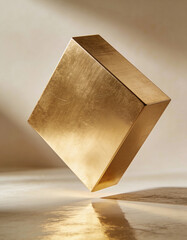 Minimal Abstract Product Scene with Floating Brushed Gold Block Above Reflective Surface, Soft Ambient Light for Luxury Branding, Premium Mockups, Modern Advertising, and Elegant Visual Design