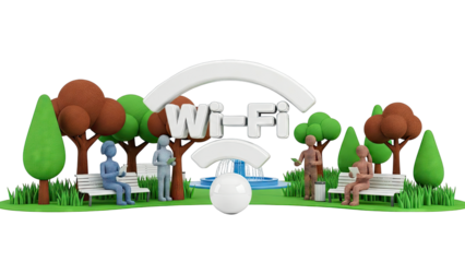 Wi-Fi symbol over park scene with people using devices