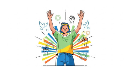Happy Man Celebrating Success with Raised Arms and Colorful Icons