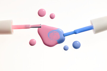 Nail polish brushes dripping pink and blue colors on a white backgrou