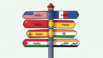 Multilingual Hello Signpost with International Flags during Greeting