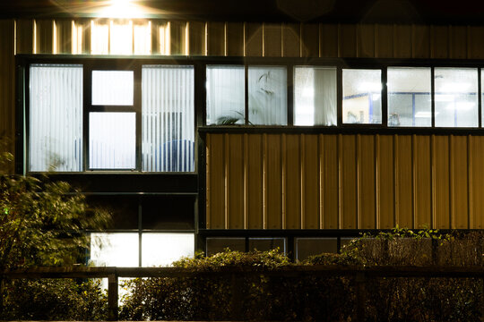 Offices in an industrial unit at night