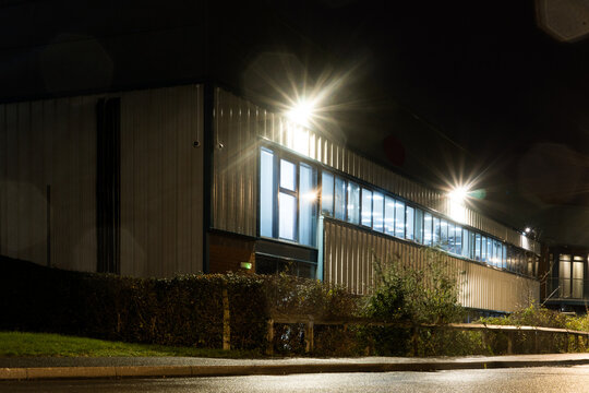 Offices in an industrial unit at night