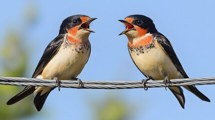Two birds are sitting on a wire while chirping to each other on a clear day