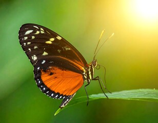 Obraz premium Butterfly with orange and black wings sitting on a green leaf