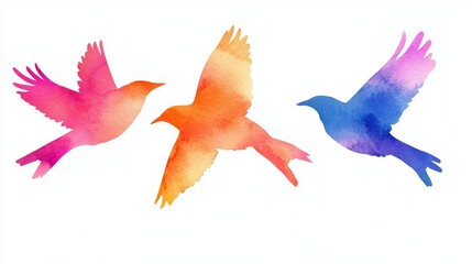 Obraz premium Minimalist bird shapes rendered as vivid watercolor silhouettes, showcasing the natural bleeding of pink into orange, violet merging with cobalt blue, capturing the ephemeral quality of flight with
