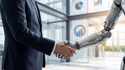 Businessman and robot shaking hands, symbolizing AI partnership, future technology, and automation in a modern office environment.