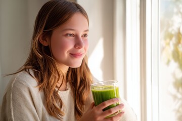 Young girl smiling while holding a green smoothie by the window  