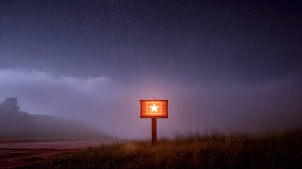 A solitary illuminated wooden sign with a glowing white star stands in a misty starry night landscape hinting at a destination