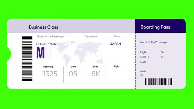 Business class boarding pass 4k animation featuring flight from Manila mnl to Tokyo hnd with vibrant design