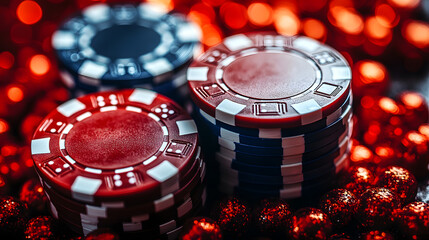 Colorful poker chips stacked together on a bright surface with red highlights and contrasting colors in multiple layers