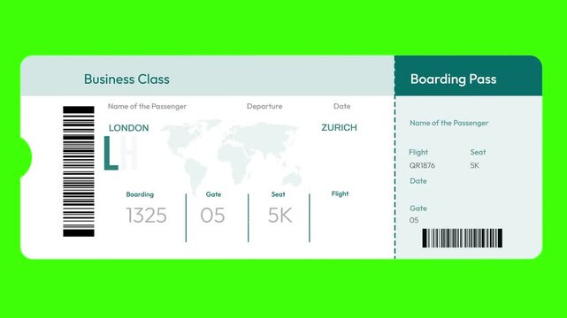 Business class boarding pass animation showcasing flight from London lhr to Zurich zrh with 4k animation quality