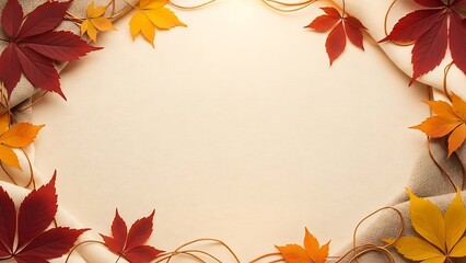 Vibrant autumn leaves decorate a rustic beige background with natural elements and warm colors.