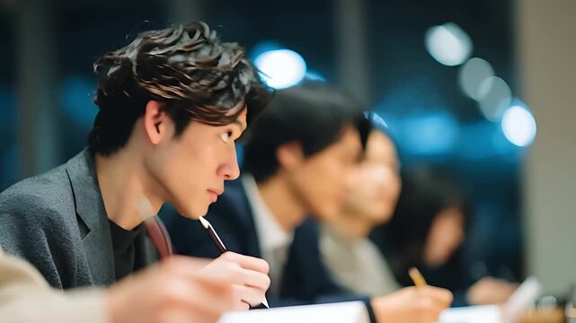 セミナーで真剣に講師の話を聞きメモを取る日本人男性