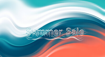 Striking abstract graphic design featuring glowing iridescent text proclaiming summer sale amidst flowing, vibrant waves of white teal and coral colors perfect for advertising