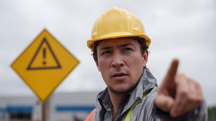 Obraz premium A serious construction worker in a yellow hard hat points forward near a caution sign on an outdoor industrial site