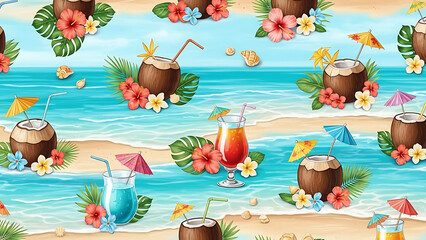 Seamless tropical beach pattern with refreshing coconut cocktails, hibiscus flowers, and seashells