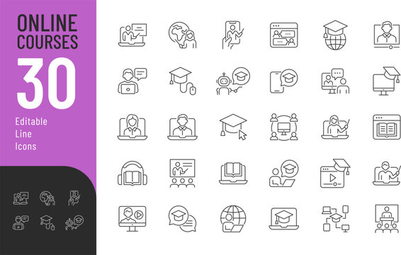 Online Courses Line Editable Icons set. Vector illustration in modern thin style of education related icons: lector, teacher, connection, and more. Isolated on transparent background.