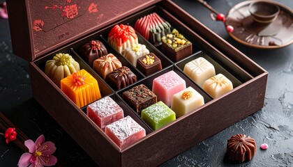"Elegant box of assorted traditional Asian sweets with vibrant colors and intricate designs"